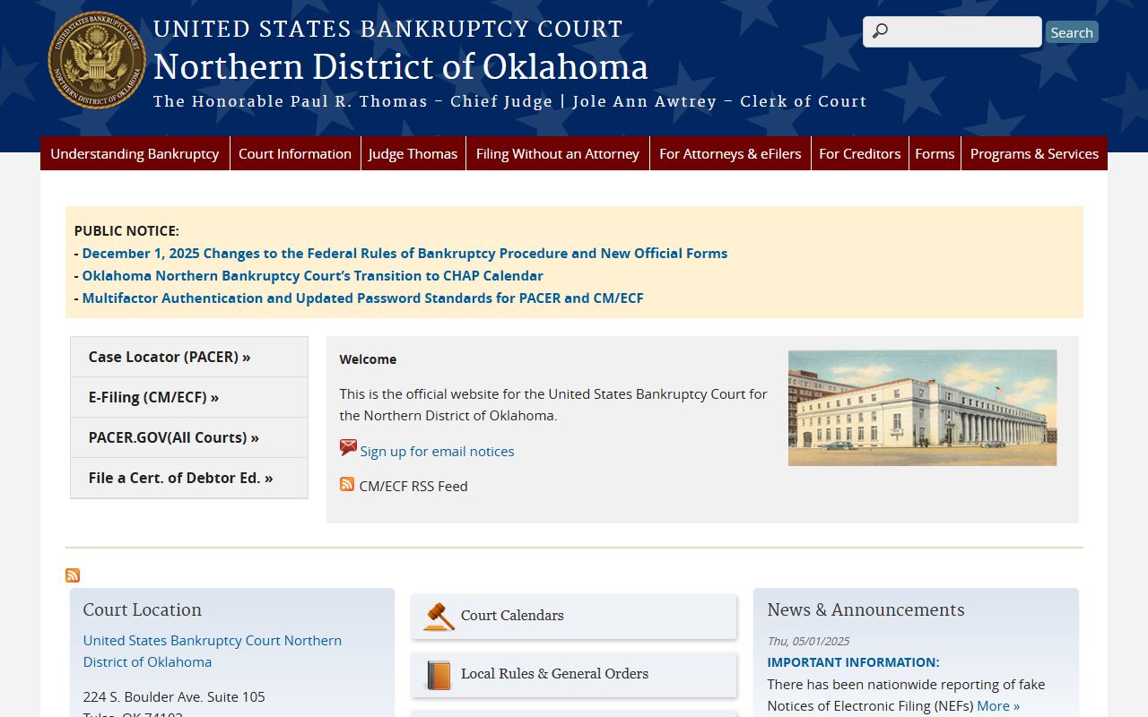 Northern District of Oklahoma bankruptcy court website for Osage County records