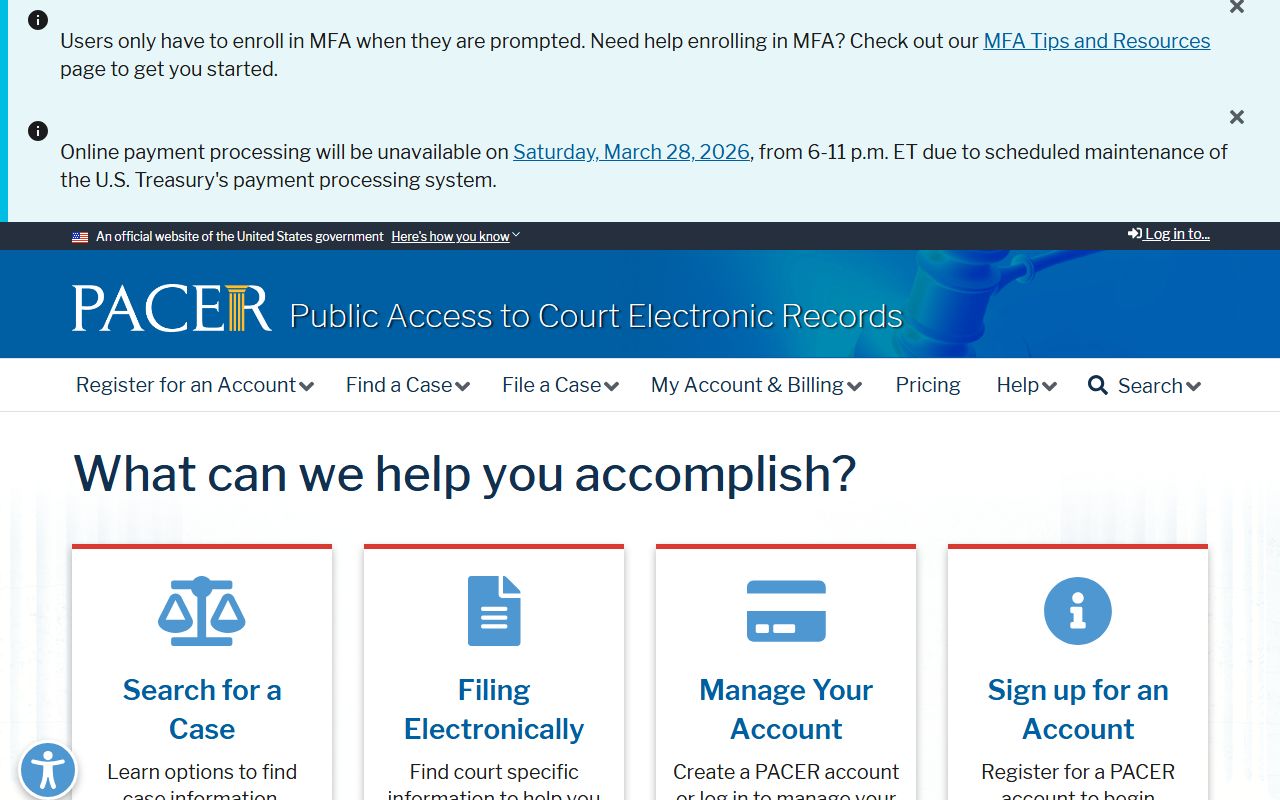 PACER homepage for searching Oklahoma bankruptcy records